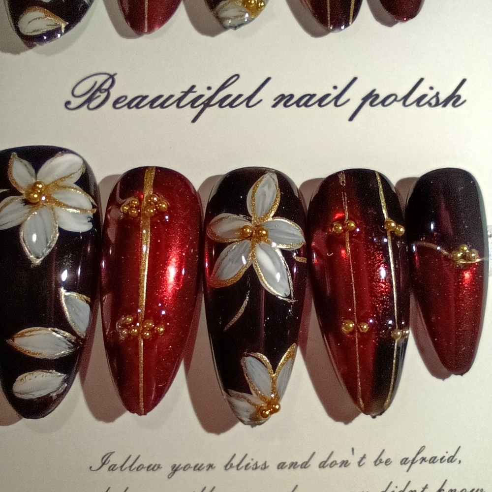 Red Chrome and Black Floral Almond Nail Set